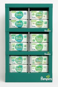 C2351  PAMPERS – LINGETTES DISPLAY 180 PCS – 3 RÉFÉRENCES 60 X HARMONIE COCO 60 X HARMONIE NEW BABY 60 X AQUA HARMONIE