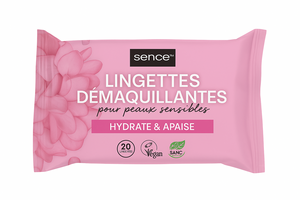 C2364 SENCE LINGETTES NETTOYANTES DÉMAQUILLANTES VISAGE ET YEUX SENSITIVE PEAUX SENSIBLES SANS ALCOOL NI PARFUM 20 LINGETTES