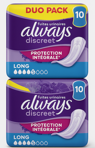 C2372 ALWAYS SERVIETTES HYGIENIQUES DISCREET FUITE URINAIRE LONG PROTECTION INTÉGRALE DUO PACK (2X10)