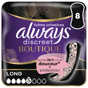 C2373 ALWAYS SERVIETTES HYGIENIQUES DISCREET BOUTIQUE LONGUES POUR FUITES URINAIRES PAR 8