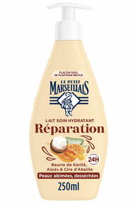C2426/1 LE PETIT MARSEILIAIS LAIT RÉPARATION HYDRATANT CORPS PEAUX ABÎMÉES DESSÉCHÉES BEURRE DE KARITÉ ALOES ET CIRE D'ABEILLE 24H 250 ML