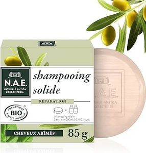 C1992/1 NAE SHAMPOOING SOLIDE RÉPARATION POUR CHEVEUX SECS, FORMULE VEGAN AVEC 100% D’INGRÉDIENTS D’ORIGINE NATURELLE, SHAMPOOING CERTIFIÉ BIO AUX EXTRAITS D’OLIVE & BASILIC 85G