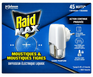 C2501 RAID MAX DIFFUSEUR ÉLECTRIQUE ANTI-MOUSTIQUES + RECHARGE LIQUIDE ÉLECTRIQUE SANS PARFUM 45 NUITS 27ML