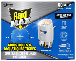 C2502 RAID MAX DIFFUSEUR ÉLECTRIQUE ANTI-MOUSTIQUES + RECHARGE LIQUIDE ÉLECTRIQUE SANS PARFUM 60 NUITS 36ML
