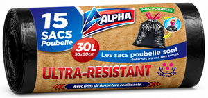 C2566/30 ALPHA SAC POUBELLE AVEC POIGNEE COULISSANTE 15 SACS DE 30L 50 X 60 CM