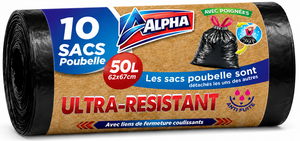 C2566/50 ALPHA SAC POUBELLE AVEC POIGNEE COULISSANTE 10 SACS DE 50L 62 X 67 CM
