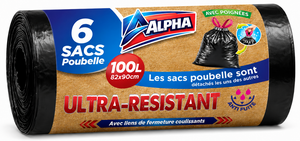 C2566/100 ALPHA SAC POUBELLE AVEC POIGNEE COULISSANTE 6 SACS DE 100L 82 X 90 CM