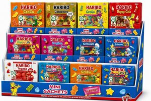 C2567 HARIBO BOX DE 12 CARTONS DE 30 MINI SACHETS : HAPPY LIFE ; GOLDBEARS ; CROCO ; DRAGIBUS ; SCHTROUMPFS ; TAGADA ; TÉTIFRUITS PIK ; CROCO PIK ; HAPPY COLA ; SCHTROUMPFS PIK ; MEGA PIK 360 MINI SACHETS DE 40G