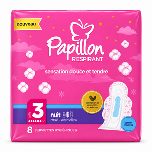 C2589/2 PAPILLON SERVIETTES HYGIENIQUES EN COTON NUIT MAXI TAILLE 3 AVEC AILES 8PCS